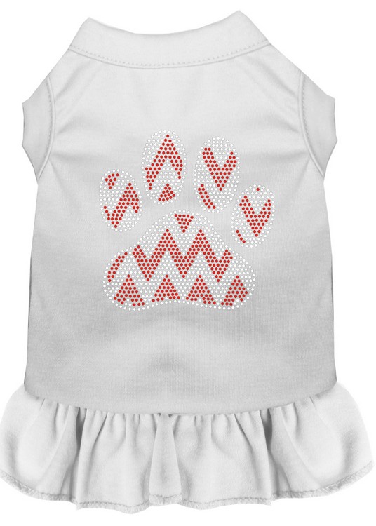 Candy Cane Chevron Paw Rhinestone Dog Dress White Med